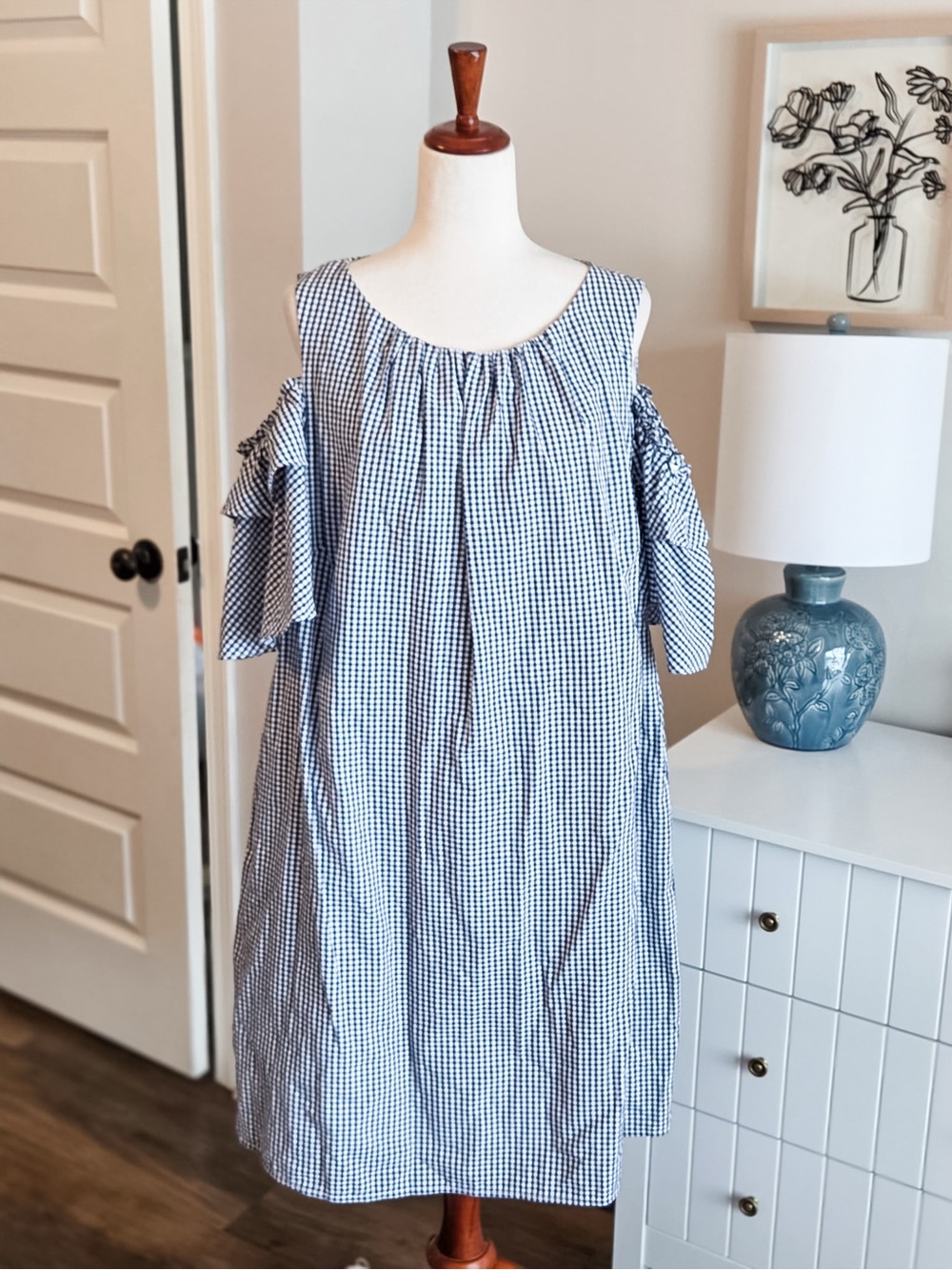 Blue Gingham Cold-Shoulder Dress